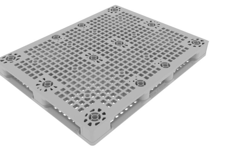 A grey plastic pallet on a white background.