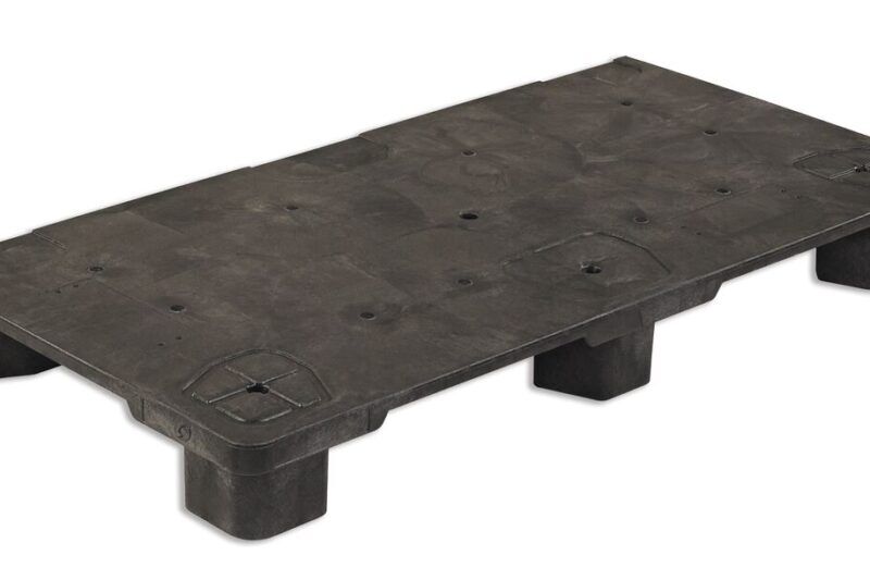 A black plastic pallet on a white background for sale.