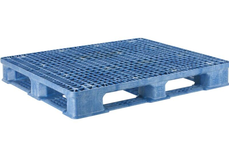 A blue plastic pallet against a white background.