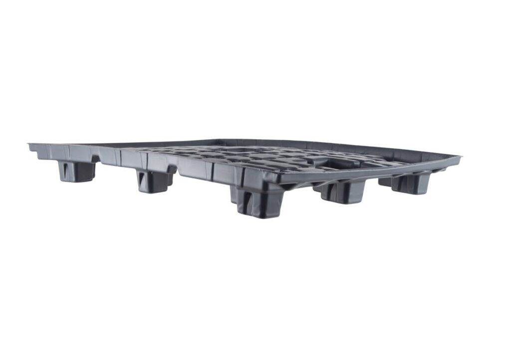 A black plastic pallet on a white background.