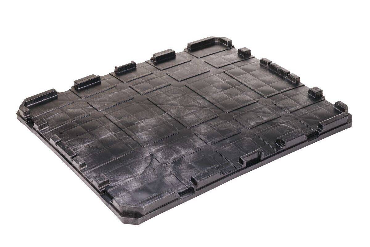 A black plastic pallet on a white background.