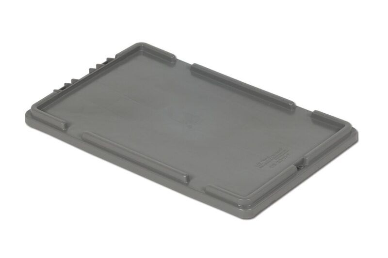 A gray plastic lid with a rectangular shape, suitable for a container, shown on a plain white background.