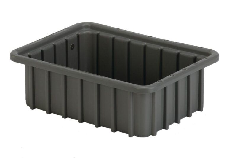 A rectangular, gray plastic storage bin with the DC1035 product name features ribbed sides and rounded edges on a white background.