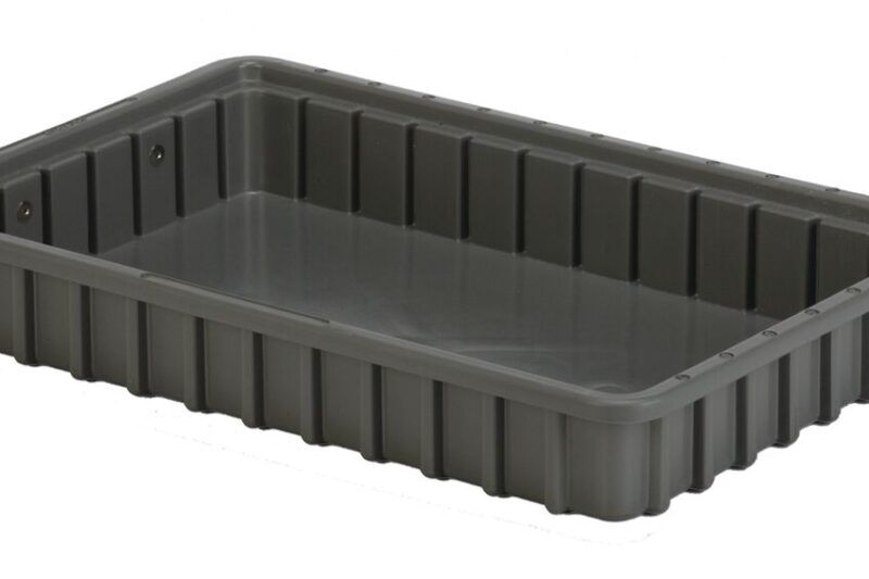 A rectangular gray plastic tray with grooved sides and a flat bottom.