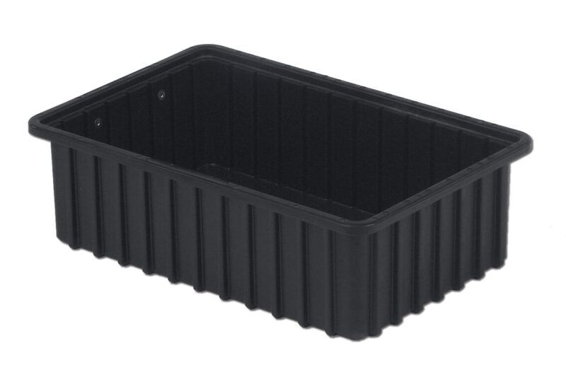 A rectangular, black plastic container with ribbed sides and no lid, labeled as DC2050-XL.
