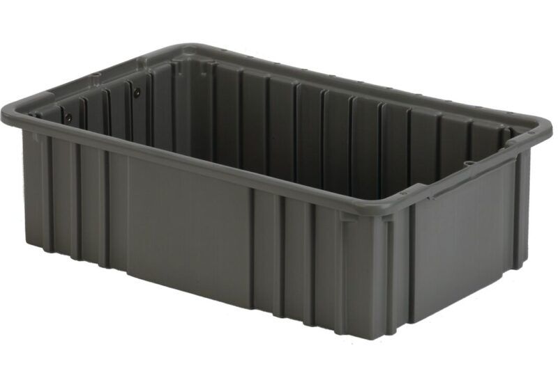A grey, rectangular plastic storage crate with a ribbed exterior and no lid.