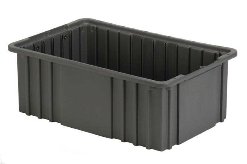 A large, empty, gray plastic storage container with reinforced sides and a rectangular shape.
