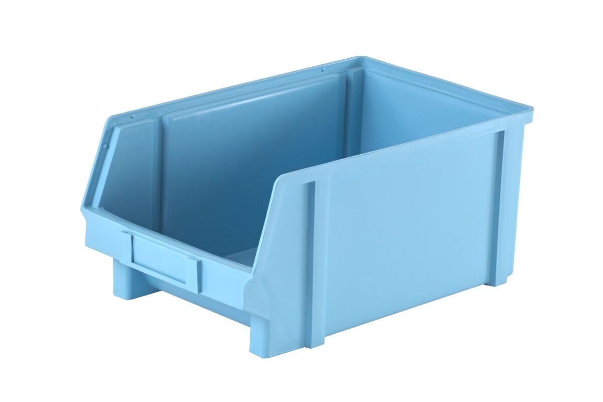 A large, empty blue plastic storage bin with an open front and a rectangular design.