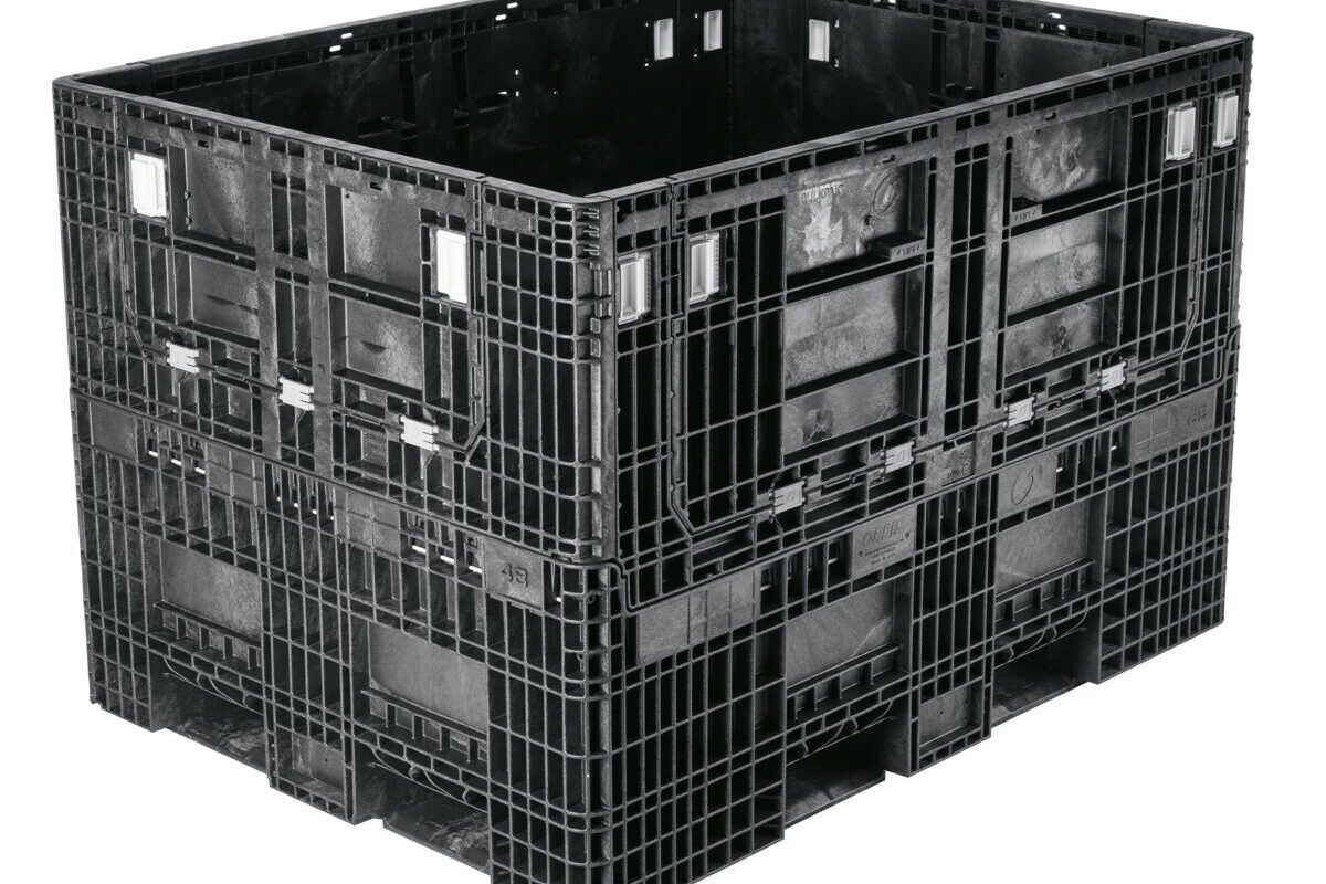 A collapsible black plastic bulk container on a white background.