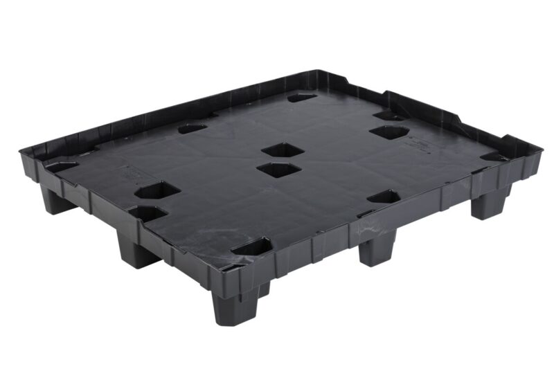 A black plastic pallet on a white background.