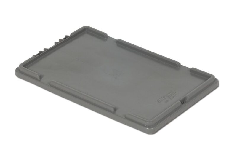 A gray plastic lid with a rectangular shape, suitable for a container, shown on a plain white background.