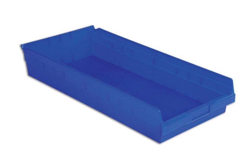A blue plastic storage bin with a rectangular shape and open front.
