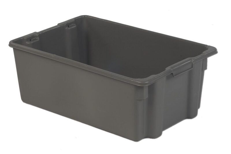 A large, rectangular, gray plastic storage bin with a smooth surface and handles on the shorter sides.