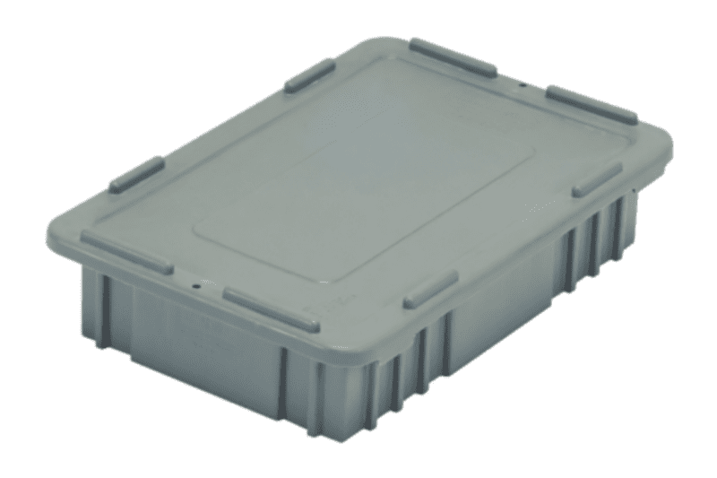A CDC2040-XL gray, rectangular plastic storage container with a fitted lid and reinforced sides is shown at an angle against a white background.