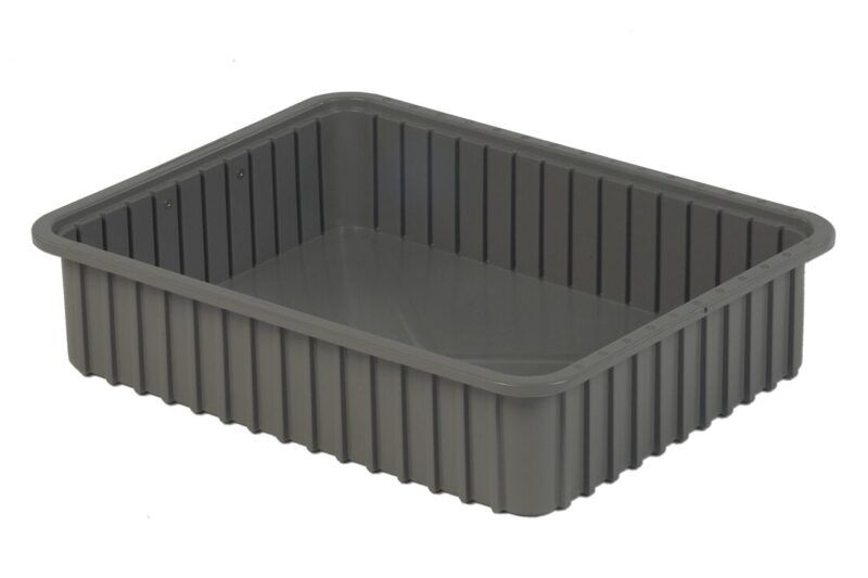 Image of a rectangular, gray plastic tray with ridged sides.