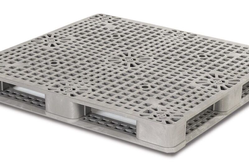 A gray plastic pallet on a white background.