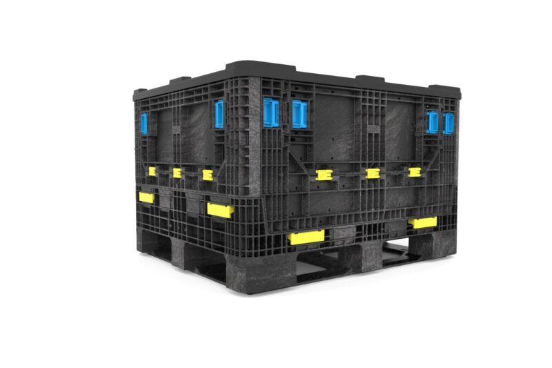 A black plastic collapsible bulk bin on a white background.