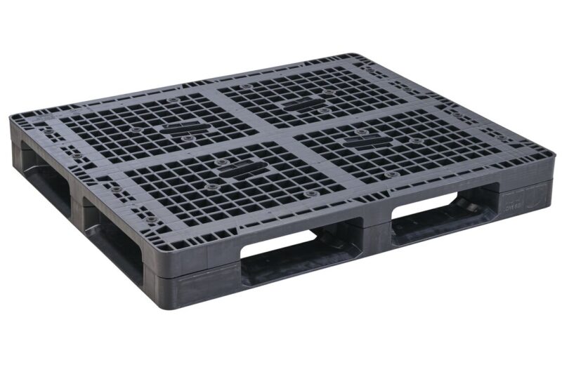 A black plastic pallet on a white background.