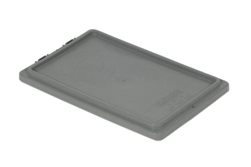 A rectangular, grey plastic lid with a slightly raised edge and rounded corners, designed to fit a storage container.