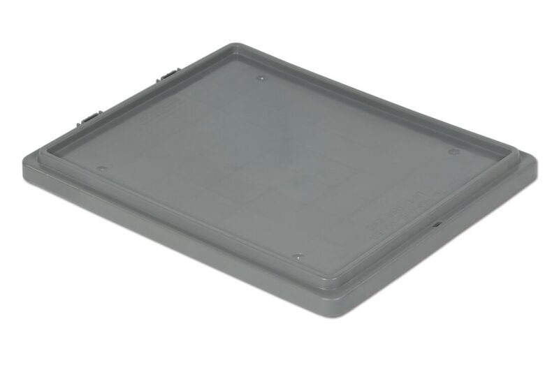 Grey rectangular plastic lid with slightly raised edges and small latch points on one side.