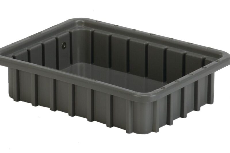 A rectangular grey plastic container with ribbed sides.