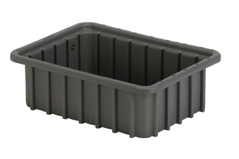 A rectangular, gray plastic storage bin with the DC1035 product name features ribbed sides and rounded edges on a white background.