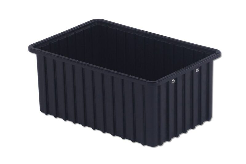 Rectangular black plastic container with vertical ridges on the sides, featuring an AUTO-DRAFT system and two small holes on one end.