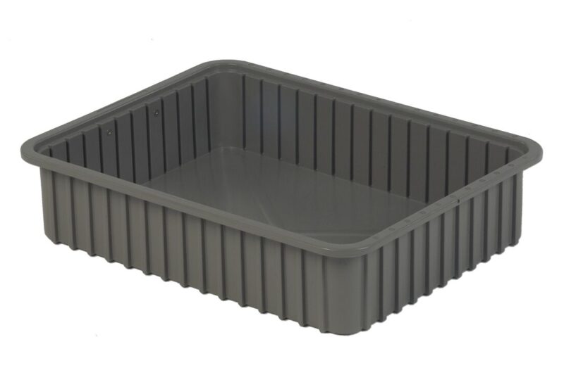 Image of a rectangular, gray plastic tray with ridged sides.