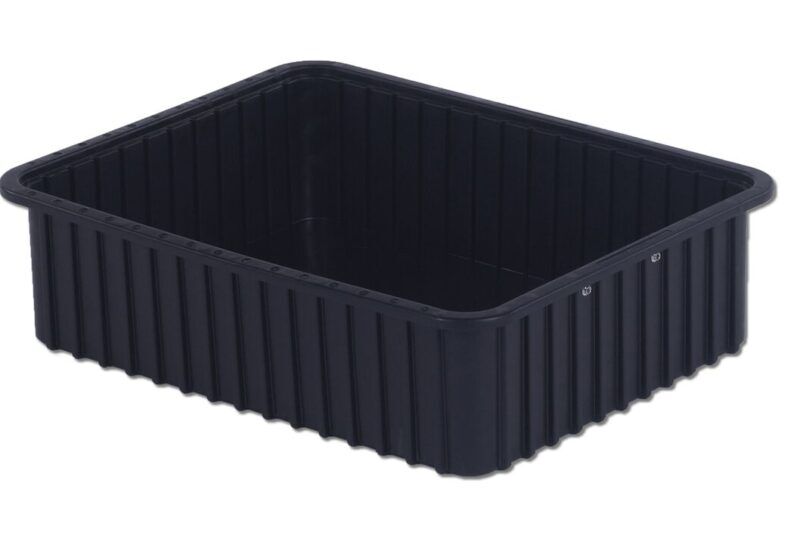 A rectangular, black plastic container with ridged sides and an open top, model DC3060-XL.