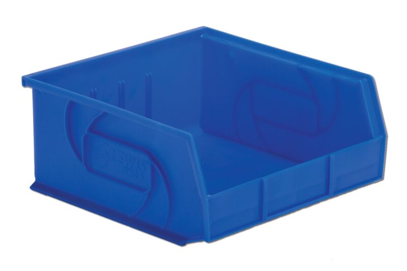 A blue plastic storage bin with a wide opening and stackable design.
