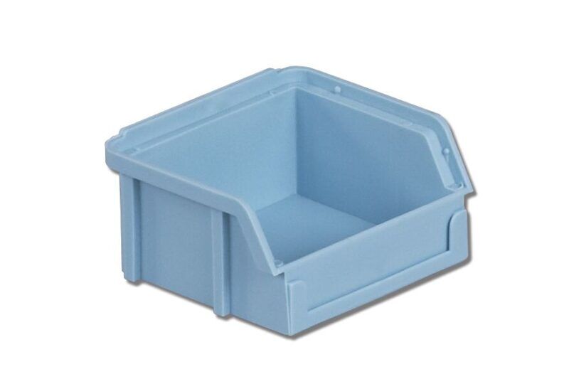 A small blue plastic storage bin with an open front.