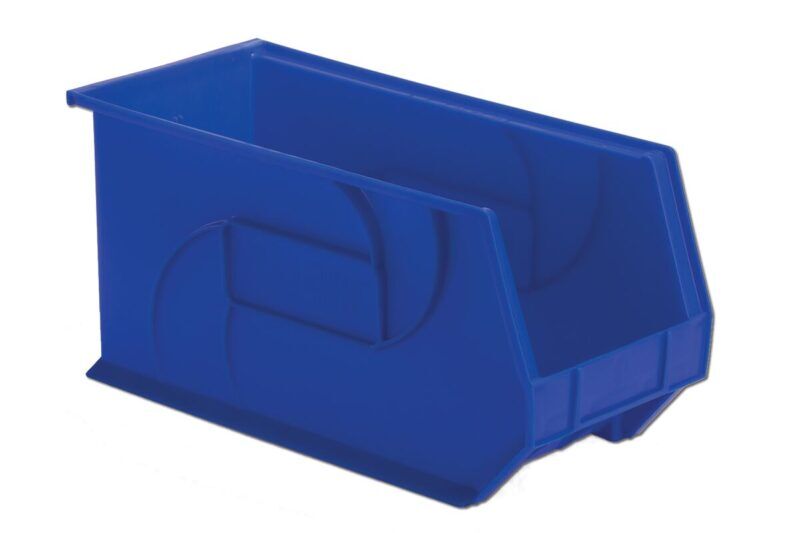 A blue plastic storage bin with an open front and stackable design.