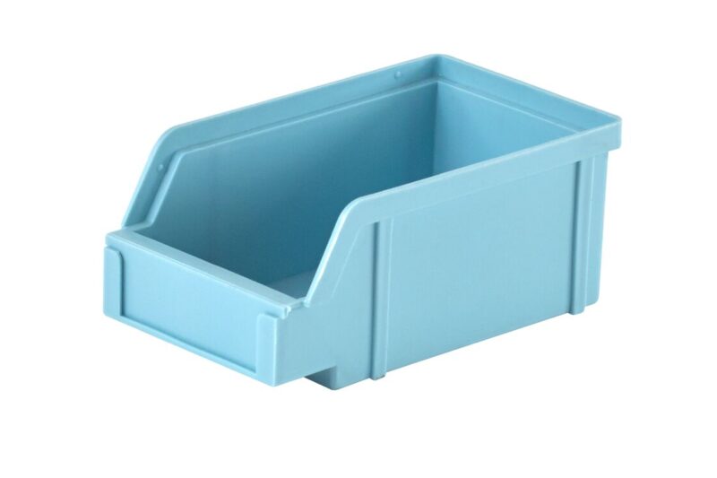 A light blue plastic storage bin with an open front compartment designed for easy access to contents.
