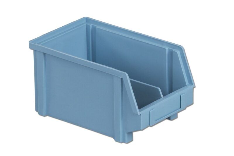 A blue plastic storage bin with an open front and a label holder on the side.