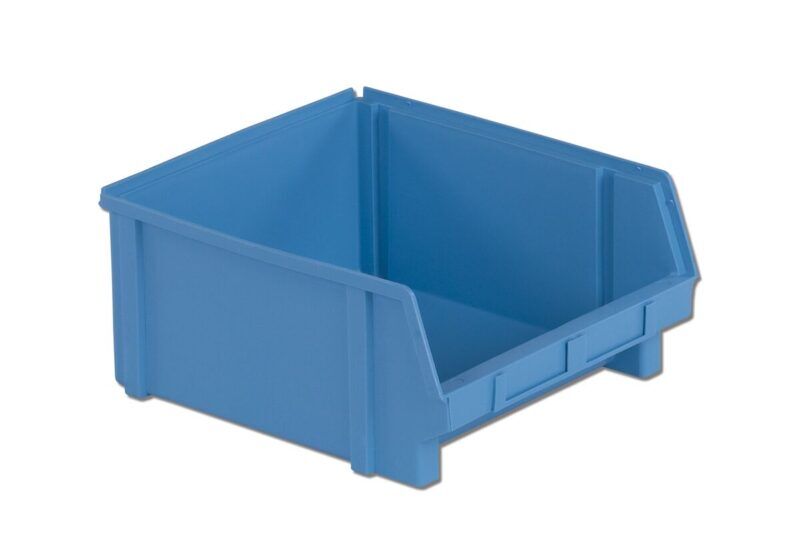 Blue plastic storage bin with an open front and reinforcing ridges on the sides and base.