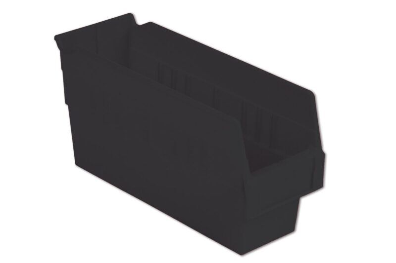 A dark plastic storage bin with an open front for easy access, designed for organizing and storing items.