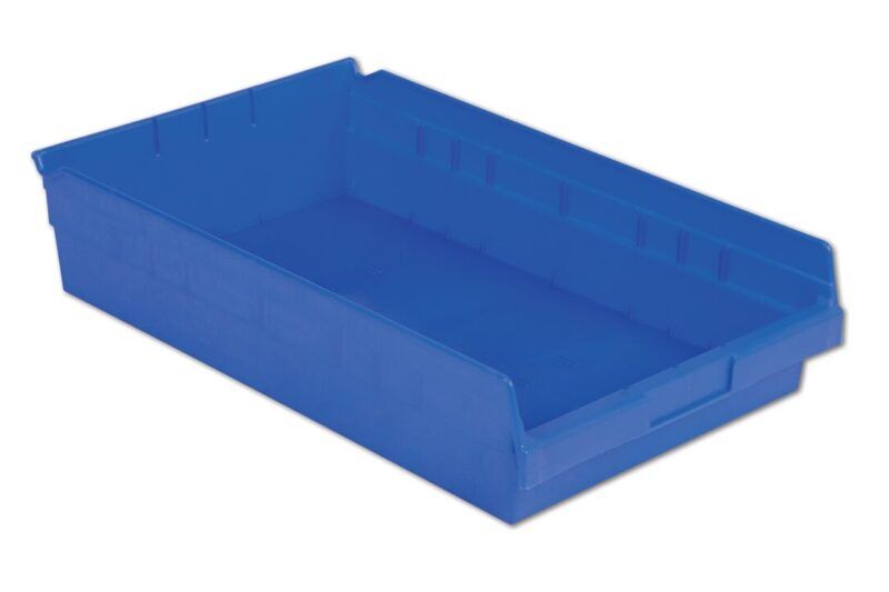 A blue, rectangular plastic storage bin with an open top and slightly raised sides.