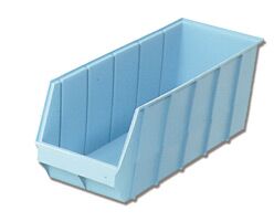 A blue plastic storage bin with an open front and grooved sides.