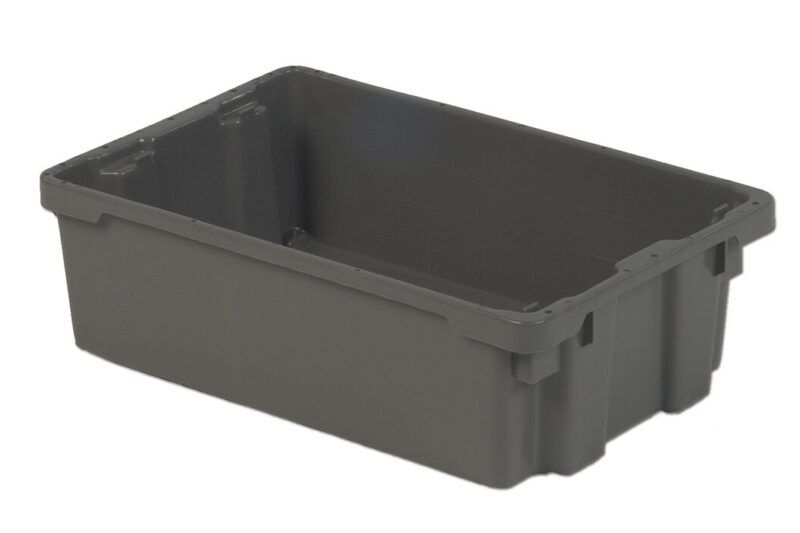 A large, empty, rectangular gray plastic storage bin on a white background.