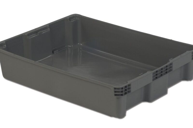 A grey plastic storage bin with a flat bottom and slightly raised edges.