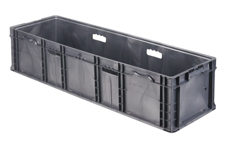 The NXO4815-11 is a large, rectangular gray plastic storage binwith reinforced sides and built-in hand grips on the longer sides, displayed on a white background.