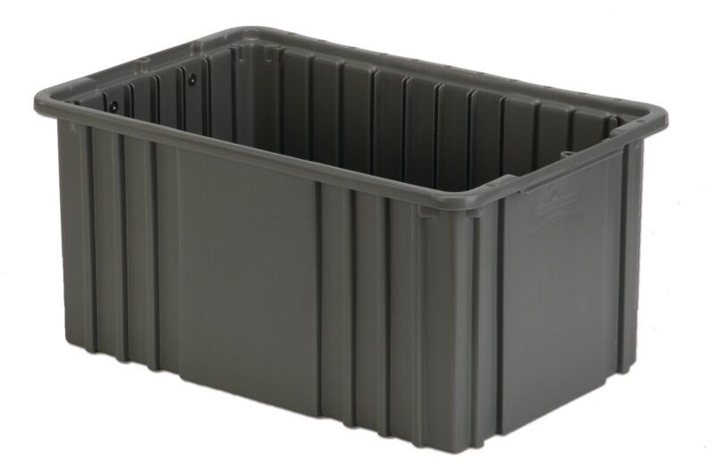 NDC2080_3Q_GREY A rectangular, gray plastic storage bin with ribbed sides and an open top.