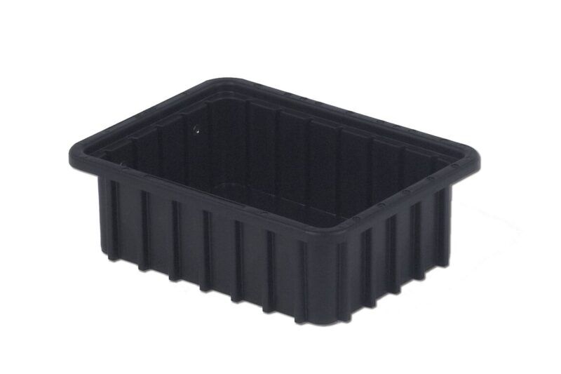 A black rectangular plastic container with ribbed sides and a raised lip around the top edge.