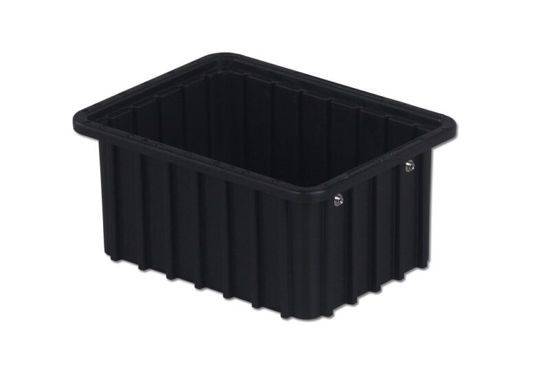 The DC1050-XL is a black rectangular plastic container featuring vertical grooves and an open top.