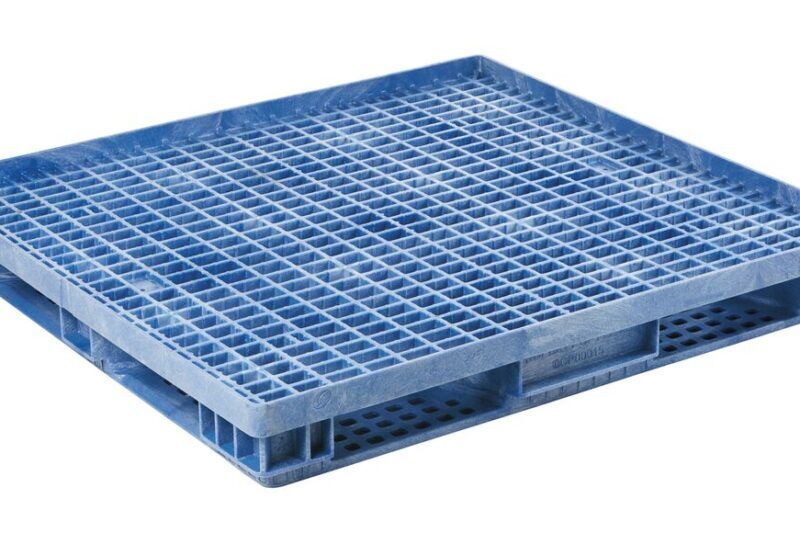 A blue plastic pallet on a white background.