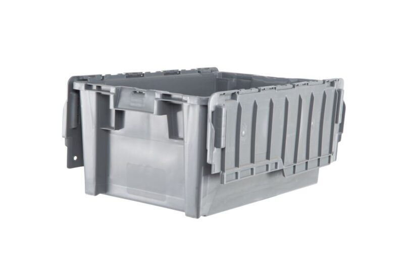 The GA6040-27 is a gray plastic storage tote bin with a hinged lid, shown open and empty against a white background.