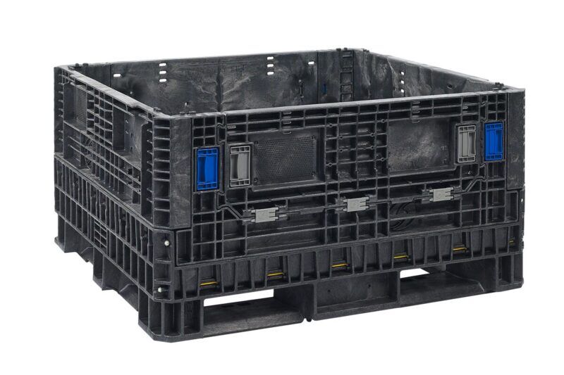 A black plastic collapsible bulk bin on a white background.