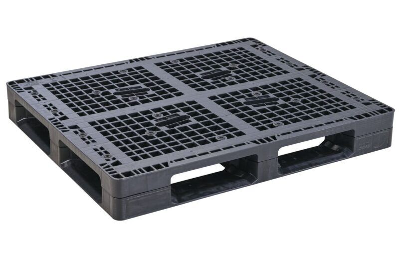 A black plastic pallet on a white background.