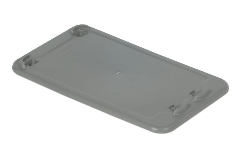 Gray plastic lid with four clasps, designed to fit over a rectangular container, shown against a white background.