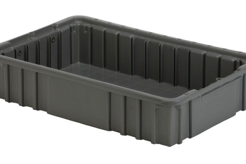 A rectangular, gray plastic storage bin with ribbed sides and a smooth interior base.